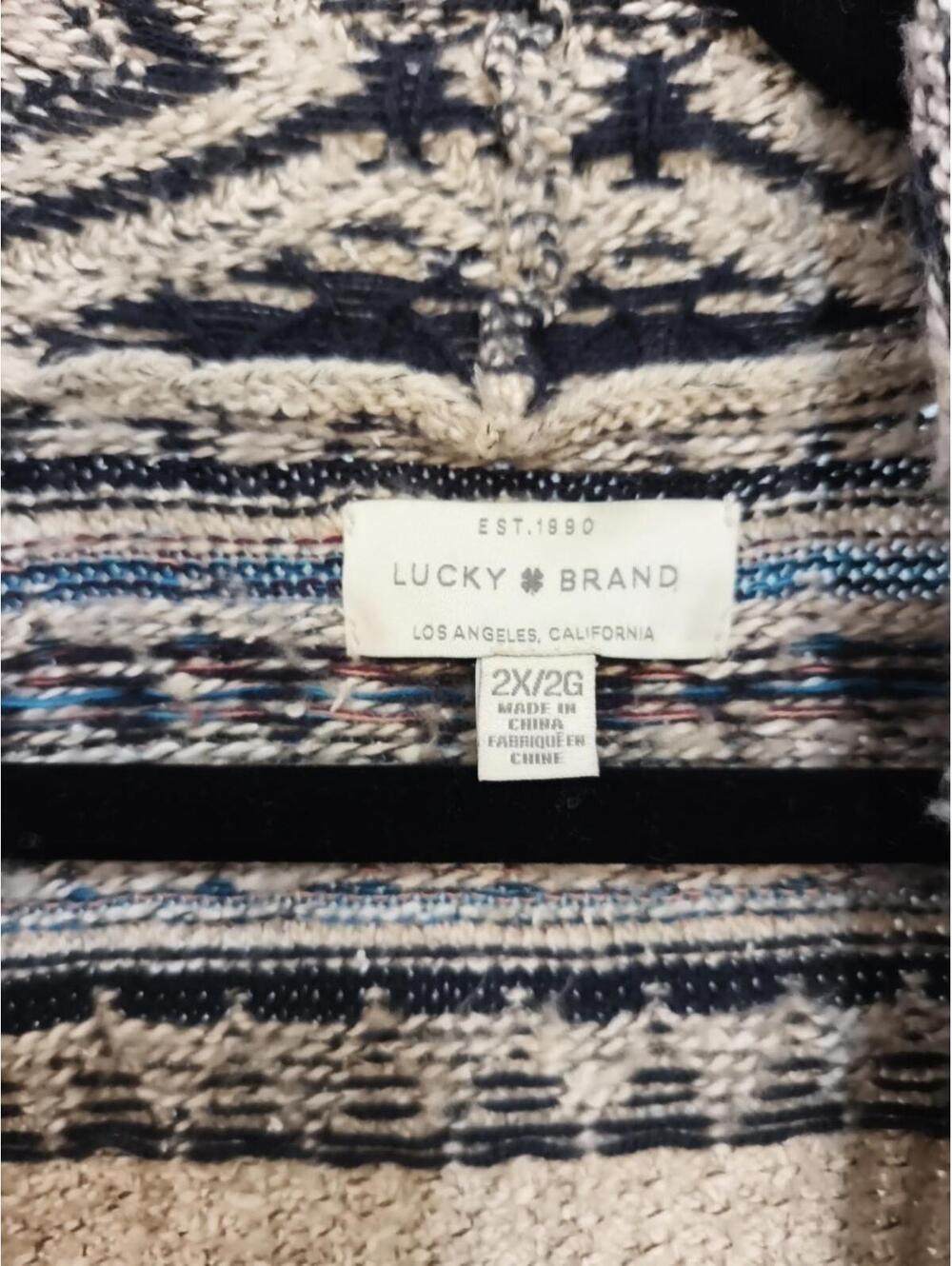 Lucky Brand Womens Boho Aztec Sz 2XL Beige Knit Cardigan Sweater Pockets - Picture 2 of 9
